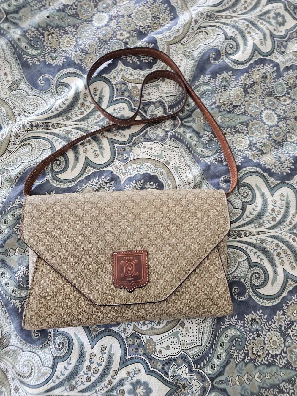 Celine Beige Triomphe Canvas Crossbody Bag with Brown Leather Trim